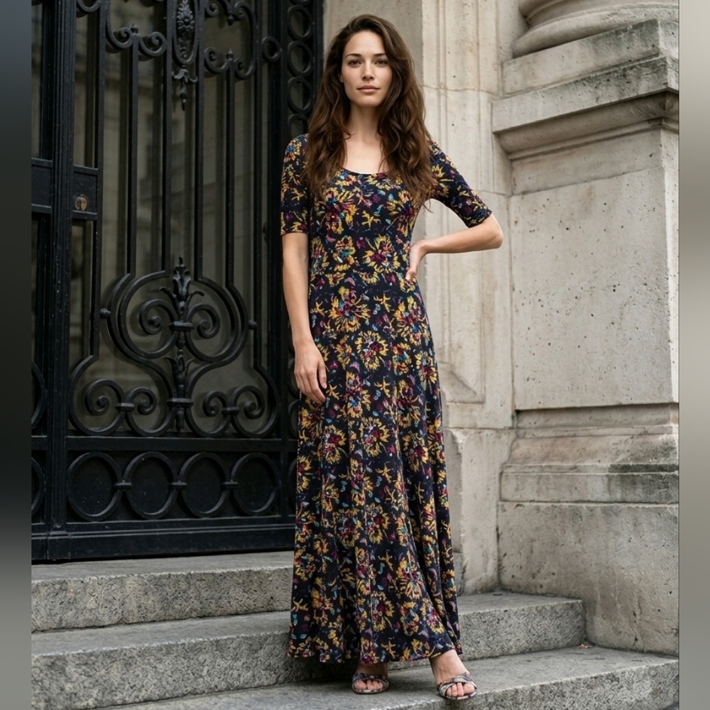 LuLaRoe Ana XS Black Moody Floral Maxi Dress Mustard Burgundy Fall Boho Stretch